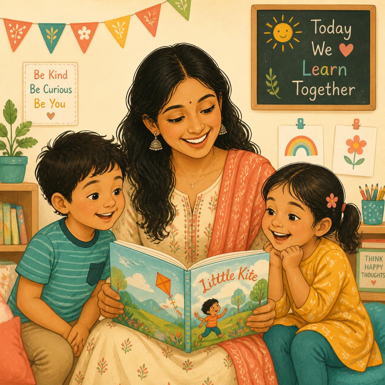 Usha Jaiswal reading a storybook with two young children